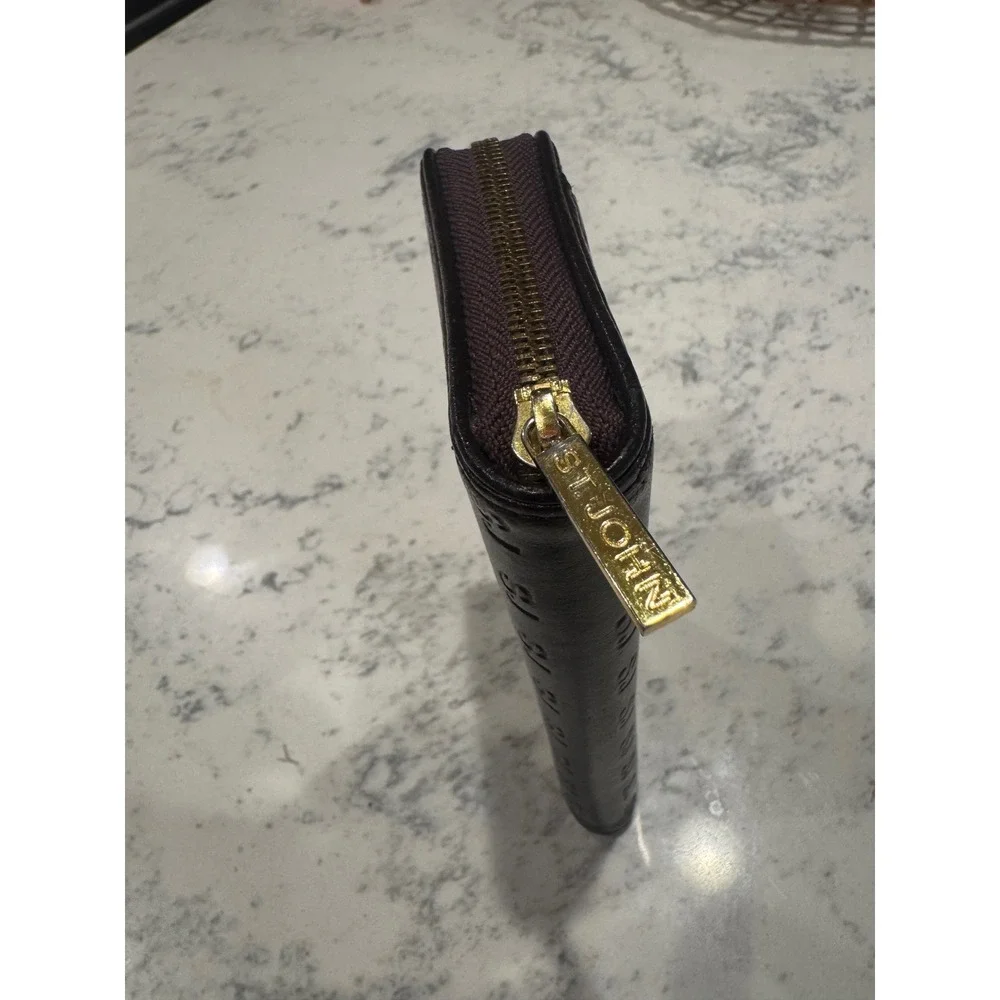 St. John Dark Brown SJ Monogram Embossed Leather Zip Around Wallet Gold Hardware